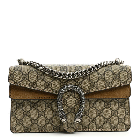 GG Supreme Monogram Suede Crystal Small Dionysus Shoulder Bag Beige Ebony Taupe