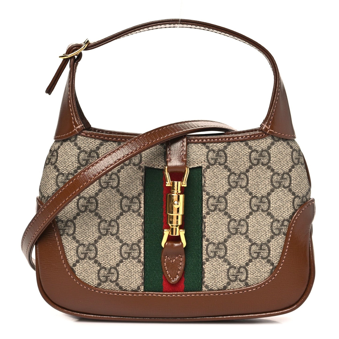 GG Supreme Monogram Azalea Calfskin Web Mini Jackie 1961 Hobo Beige Ebony Brown Sugar