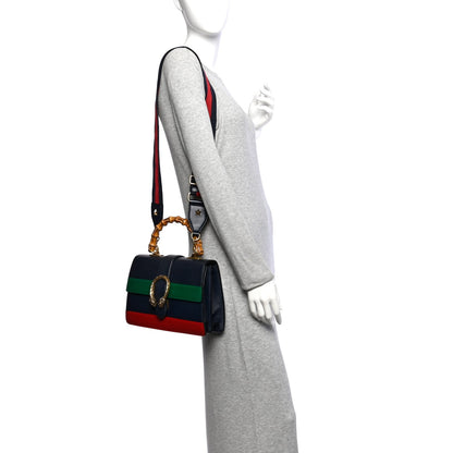 Moon Calfskin Bamboo Web Medium Dionysus Top Handle Bag Blue Emerald Hibiscus Red