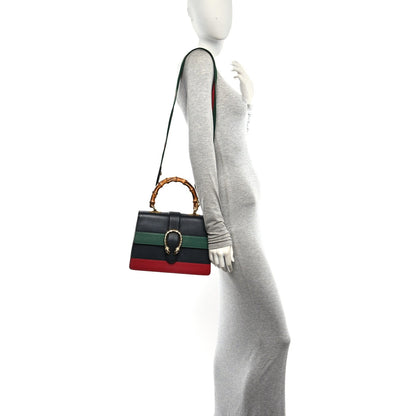 Moon Calfskin Bamboo Web Medium Dionysus Top Handle Bag Black Bright Evergreen Hibiscus Red