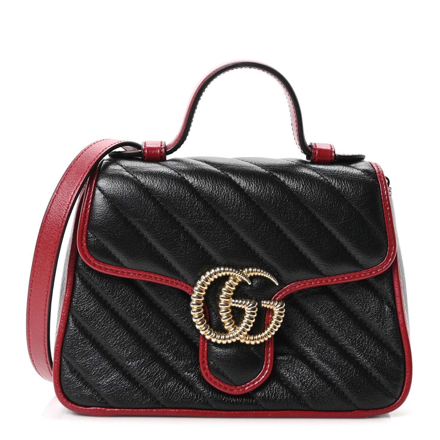 Vintage Effect Calfskin Matelasse Diagonal Mini Torchon GG Marmont Top Handle Shoulder Bag Black Romantic Cherry