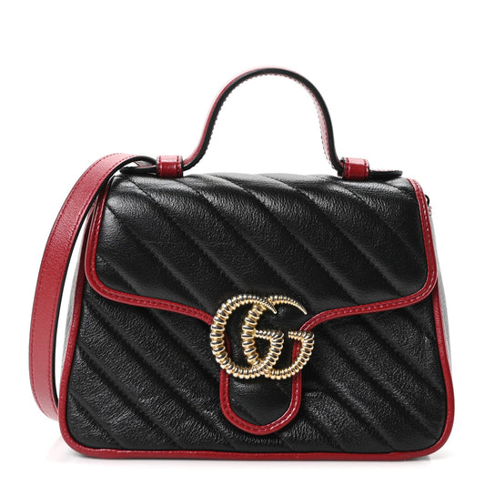 Vintage Effect Calfskin Matelasse Diagonal Mini Torchon GG Marmont Top Handle Shoulder Bag Black Romantic Cherry