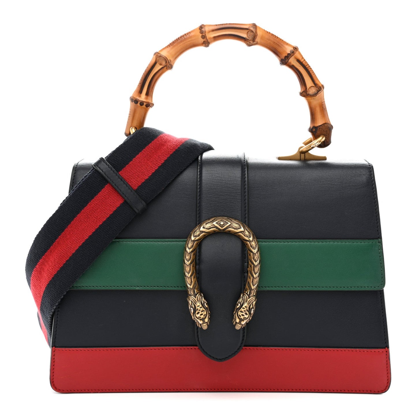 Moon Calfskin Web Medium Dionysus Bamboo Top Handle Bag Blue Emerald Hibiscus Red