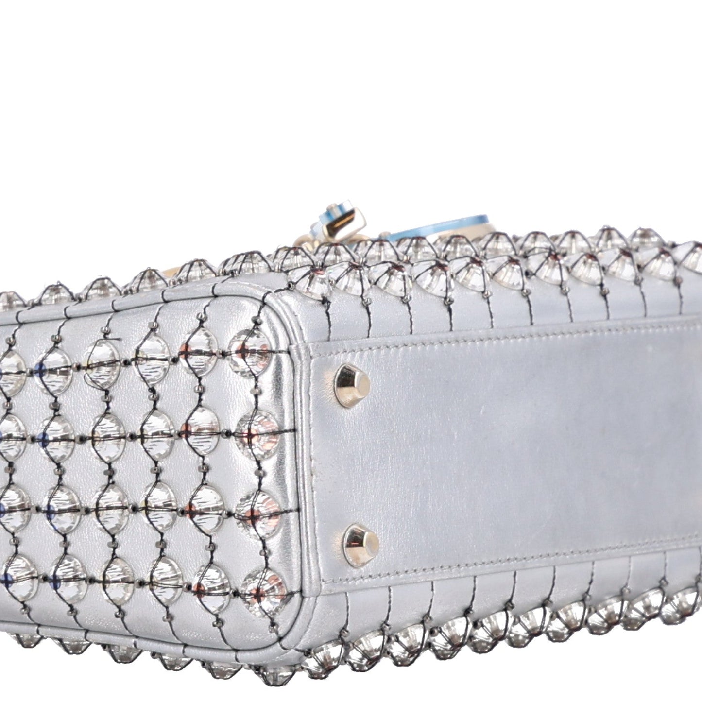 Metallic Calfskin Satin Celestial Bead Embroidery Cannage Mini Lady Dior Silver