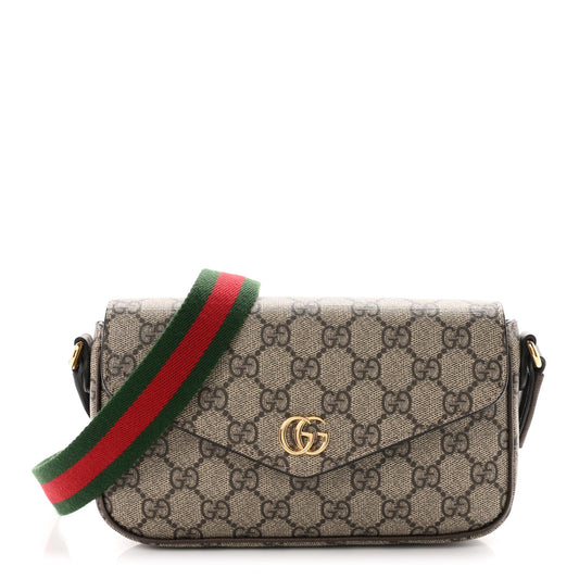 GG Supreme Monogram Textured Dollar Calfskin Web Mini Ophidia Envelope Shoulder Bag Beige Ebony