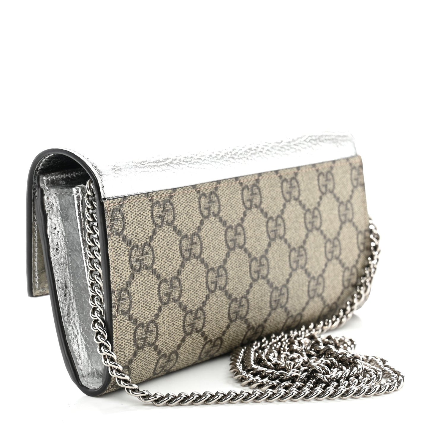 Metallic Calfskin GG Supreme Monogram Petite GG Marmont Wallet Chain Bag Silver Beige Ebony