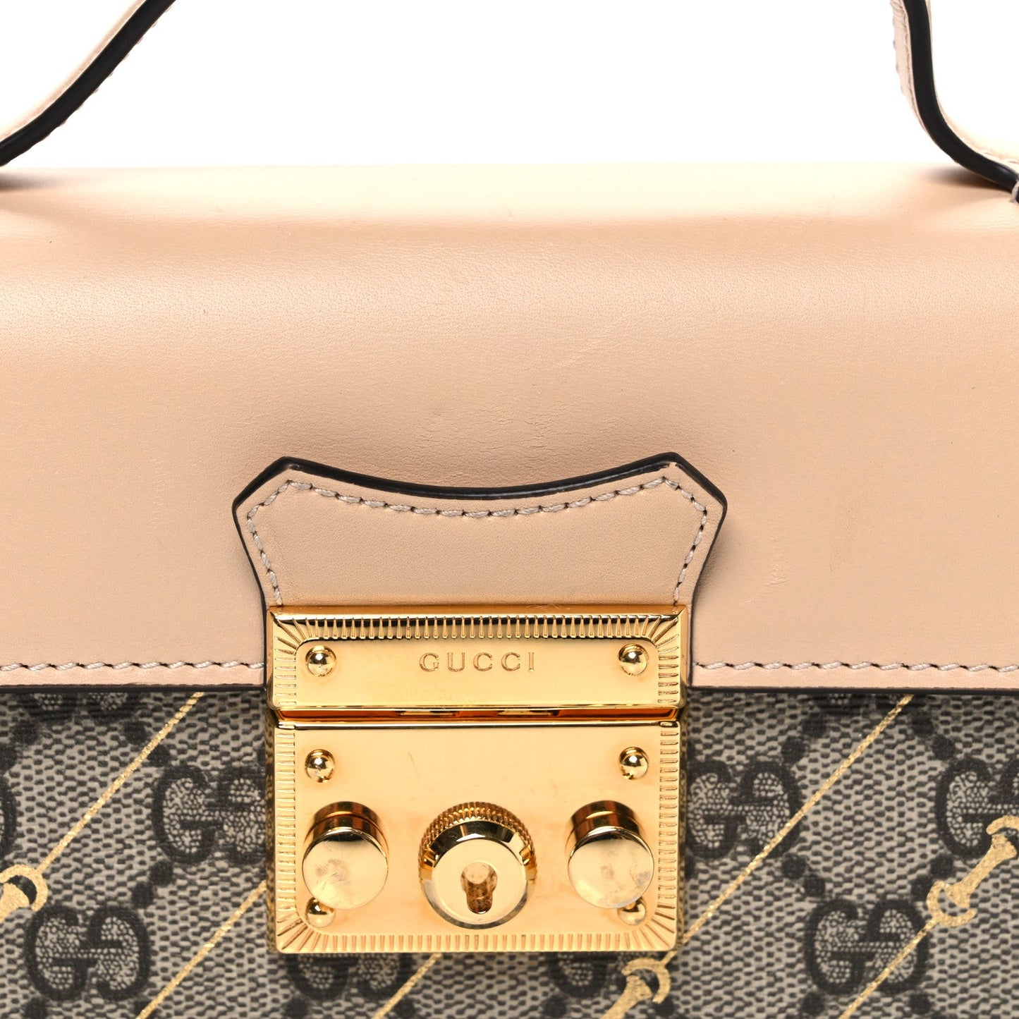 GG Supreme Monogram Calfskin Horsebit Print Mini Padlock Top Handle Shoulder Bag Beige Ebony Light Pink
