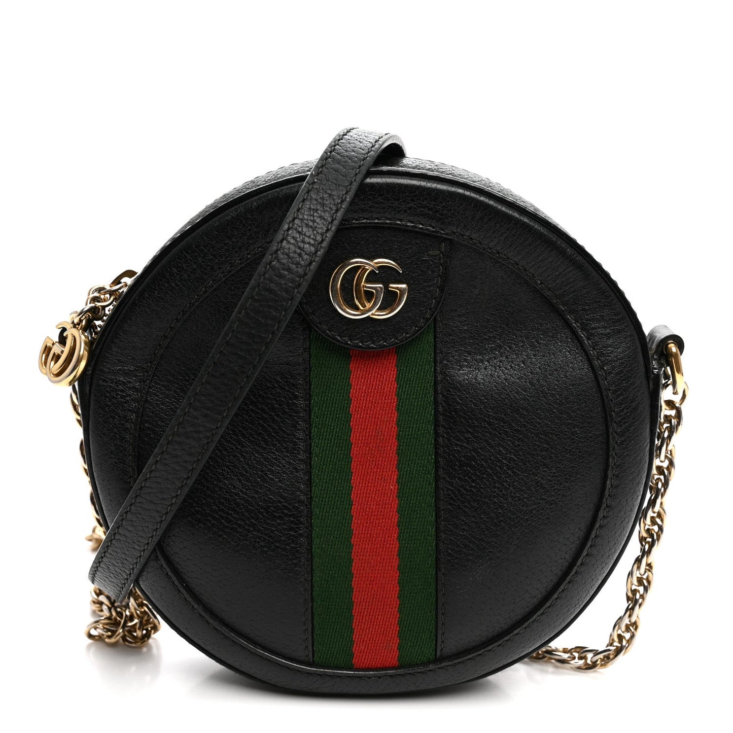 Grained Calfskin Web Mini Ophidia Round Shoulder Bag Black