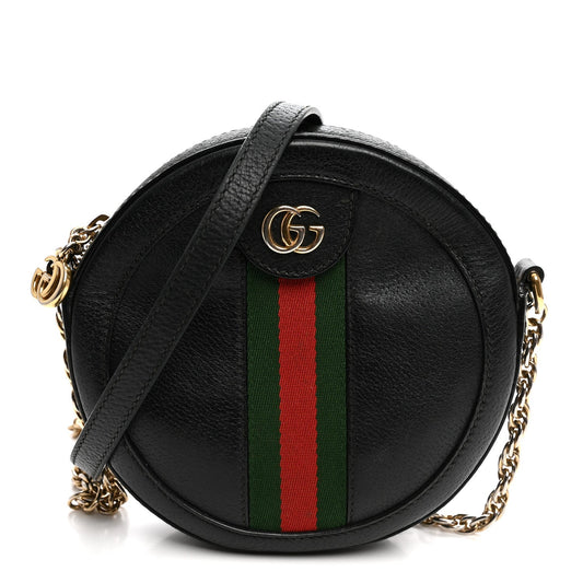 Grained Calfskin Web Mini Ophidia Round Shoulder Bag Black