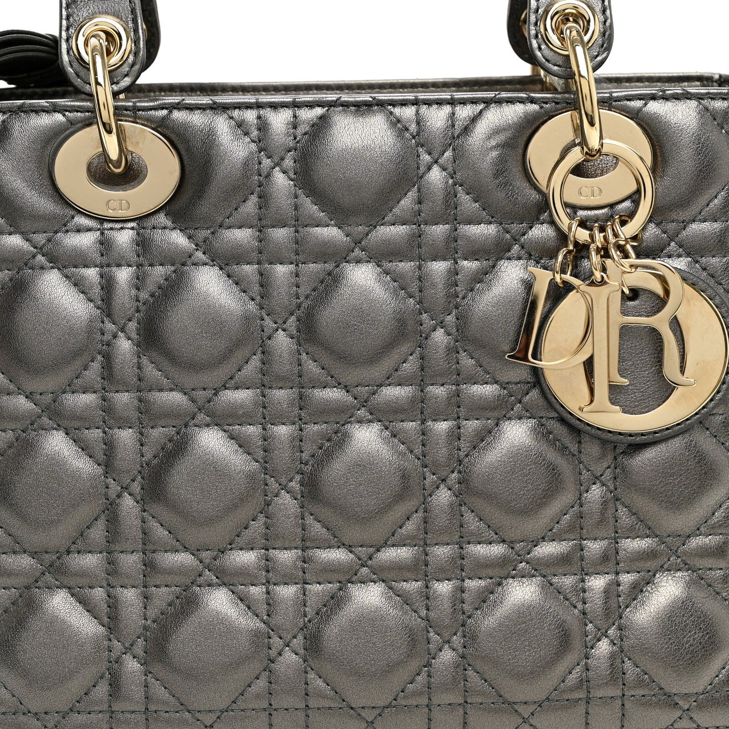 Metallic Calfskin Cannage Medium Lady Dior Gunmetal Grey