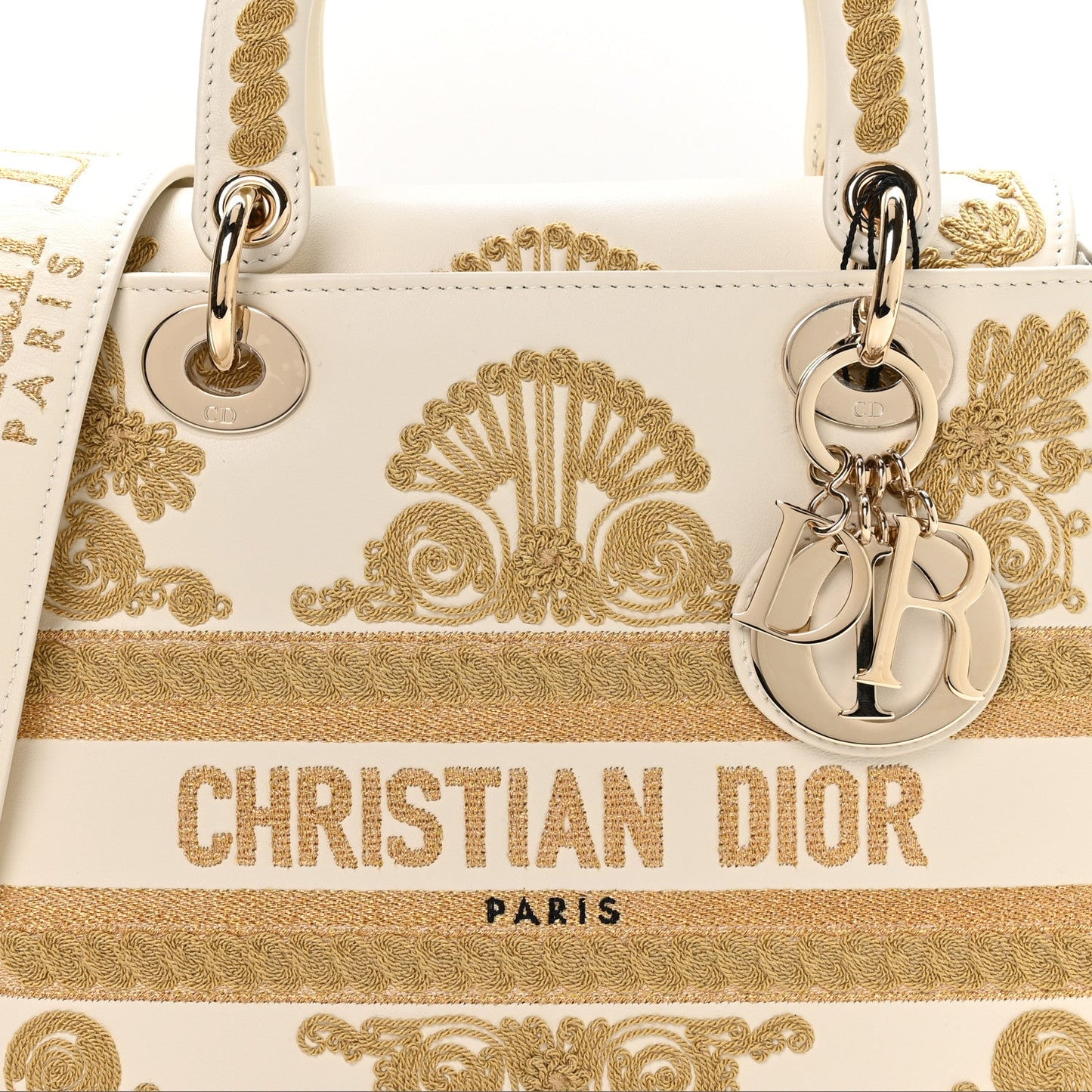 Calfskin Embroidered Medium Lady D-Lite White Gold