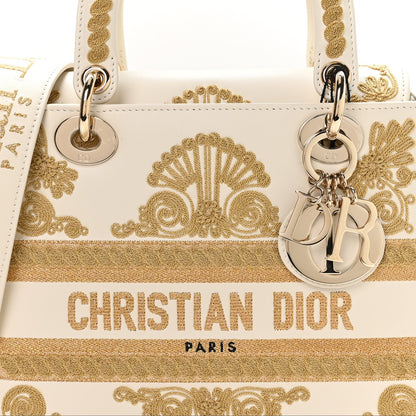 Calfskin Embroidered Medium Lady D-Lite White Gold