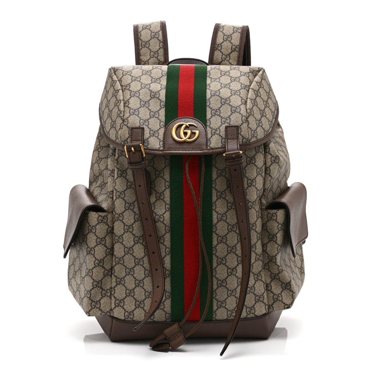 GG Supreme Monogram Medium Ophidia Double Buckle Backpack Brown