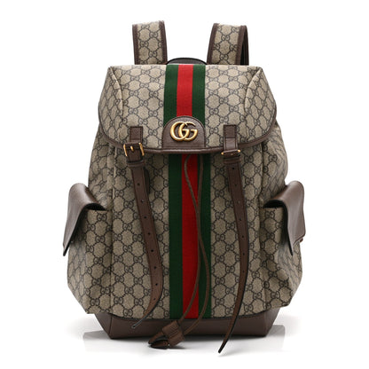 GG Supreme Monogram Medium Ophidia Double Buckle Backpack Brown