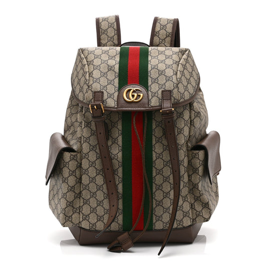 GG Supreme Monogram Medium Ophidia Double Buckle Backpack Brown