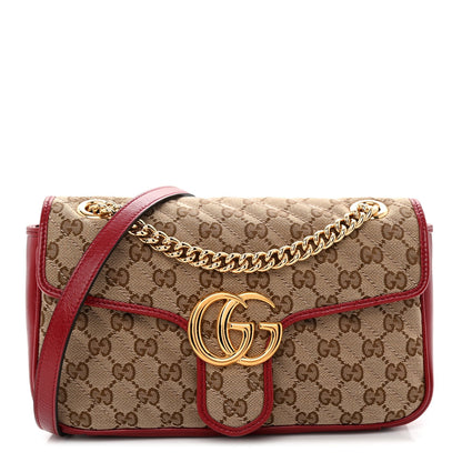 Monogram Azalea Calfskin Matelasse Diagonal Small GG Marmont Shoulder Bag Beige Ebony New Cherry Red