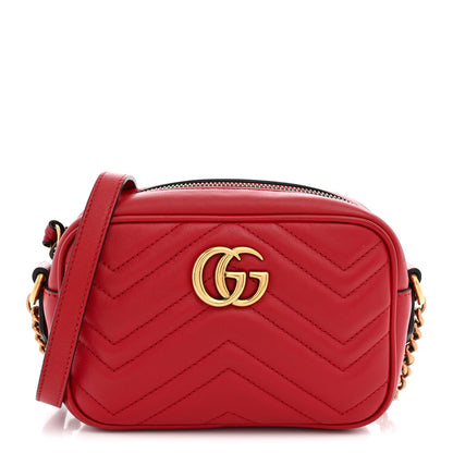 Calfskin Matelasse Mini GG Marmont Chain Shoulder Bag Hibiscus Red