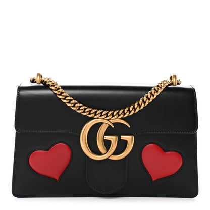 Knight Calfskin Malaga Kid Heart Medium GG Marmont Chain Handle Bag Black Hibiscus Red Multicolor