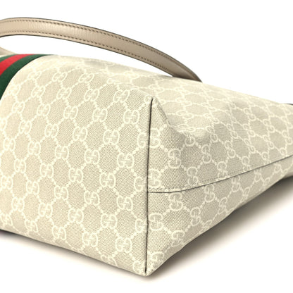 GG Supreme Monogram Textured Dollar Calfskin Web Medium Ophidia Shopping Tote Beige Mystic White Oatmeal