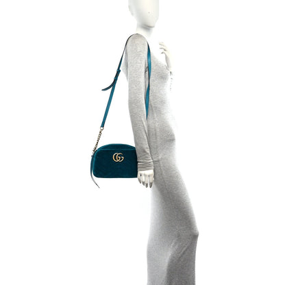 Velvet Matelasse Small GG Marmont Chain Shoulder Bag Pavone Cyan