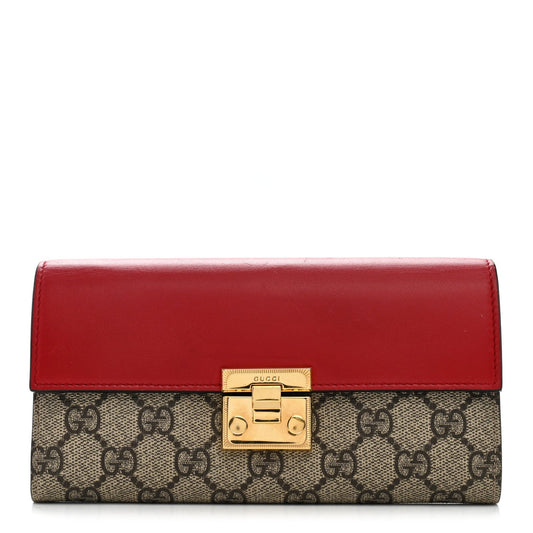 GG Supreme Monogram Moon Calfskin Padlock Continental Chain Wallet Beige Ebony Hibiscus Red New Rosette