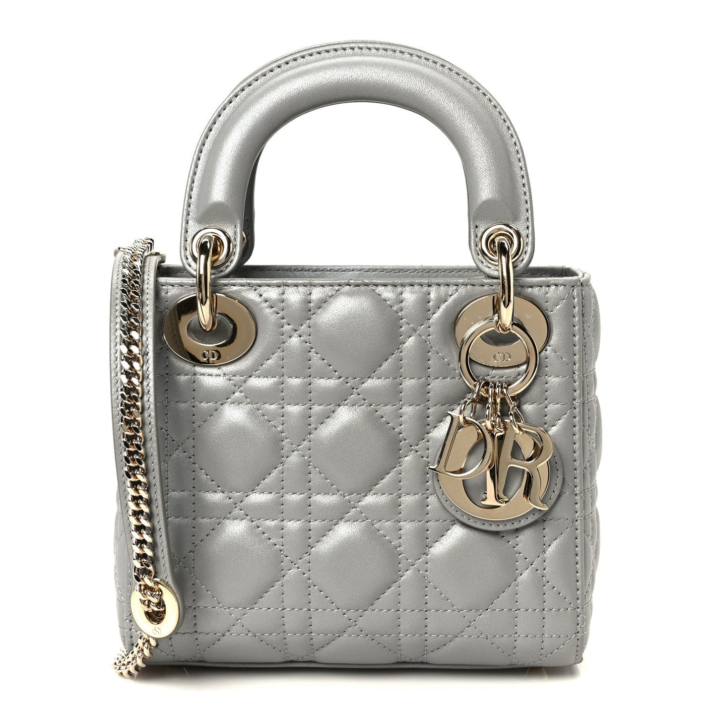 Metallic Lambskin Cannage Mini Lady Dior Grey