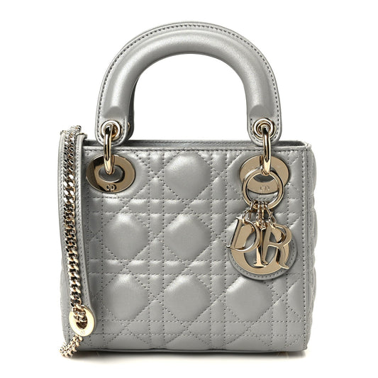 Metallic Lambskin Cannage Mini Lady Dior Grey
