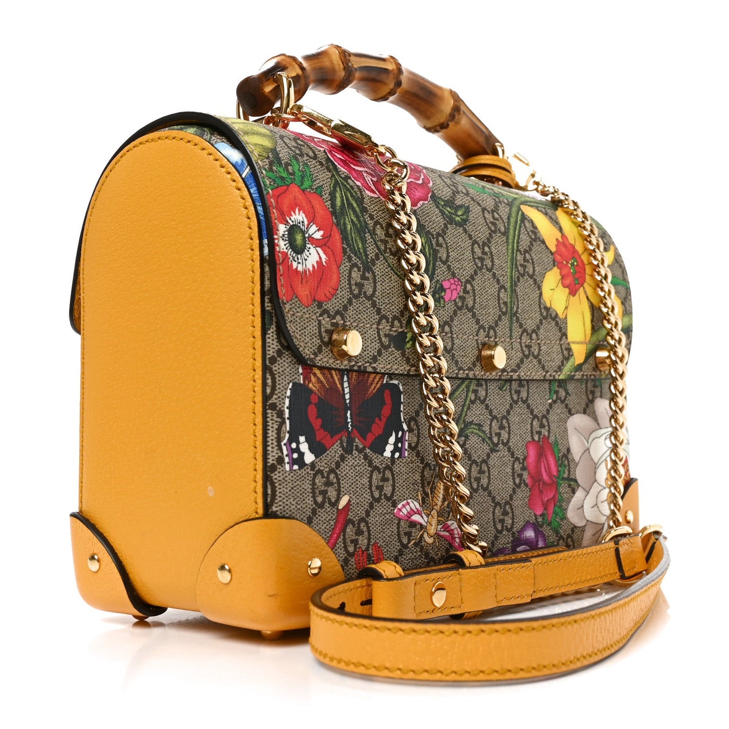 GG Supreme Monogram Flora Small Padlock Bamboo Shoulder Bag Beige Multicolor Crop