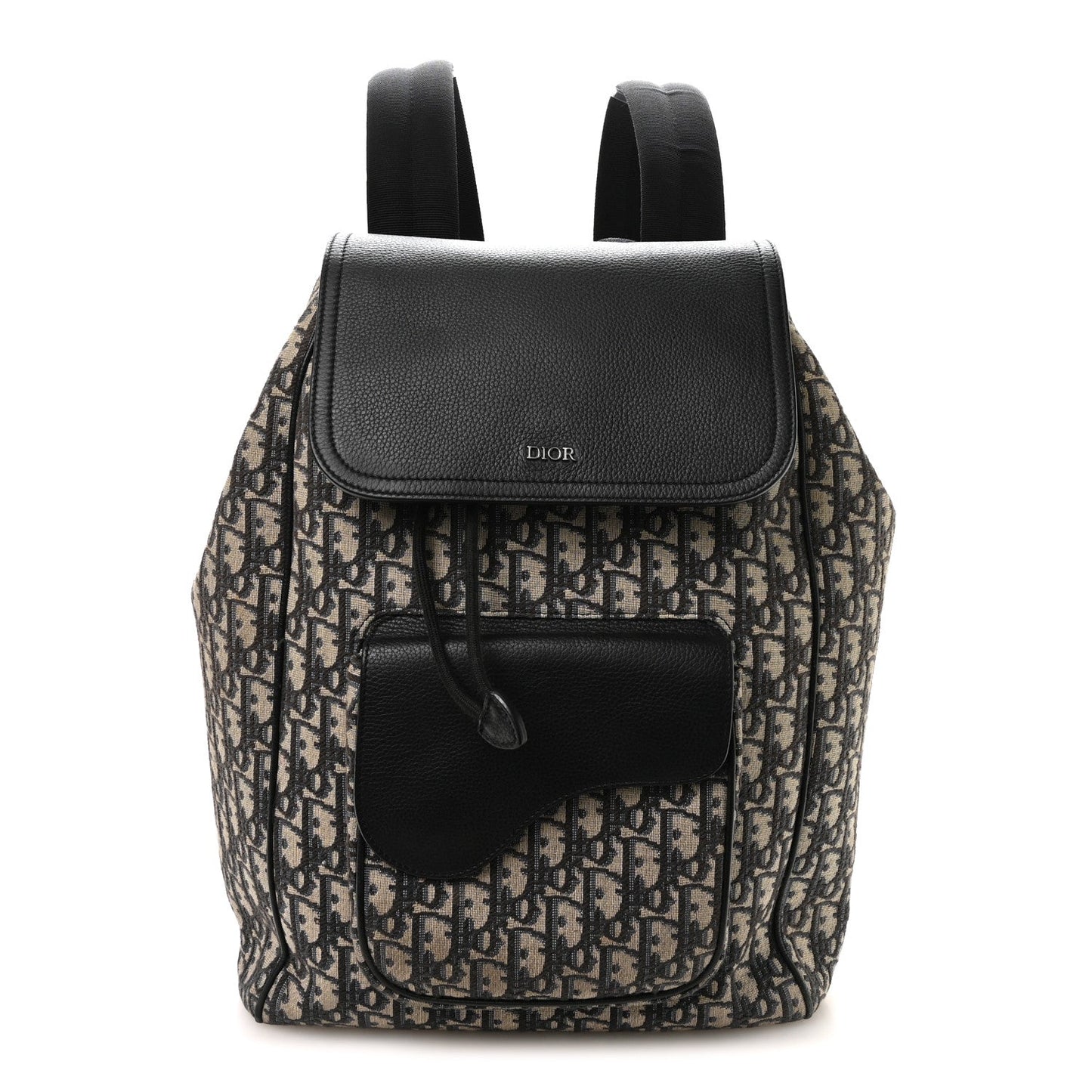 Oblique Jacquard Grained Calfskin Drawstring Saddle Backpack Beige Black