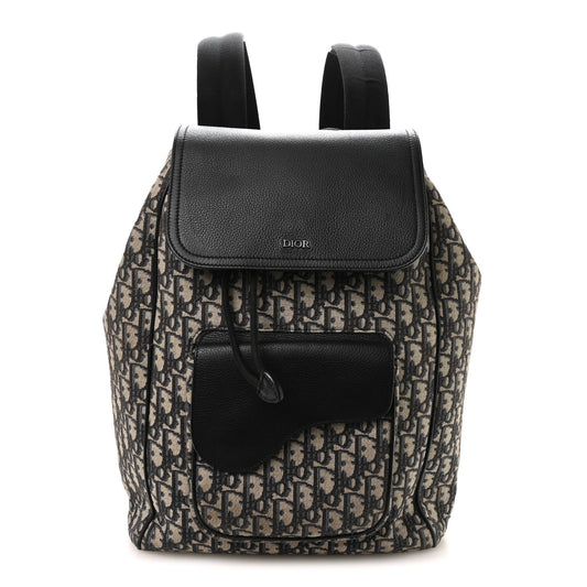 Oblique Jacquard Grained Calfskin Drawstring Saddle Backpack Beige Black
