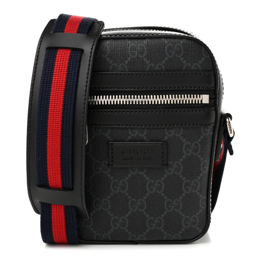 GG Supreme Monogram Appia Calfskin Web Small Camera Messenger Bag Black Grey