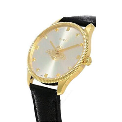 Gucci G Timeless Quartz Silver Dial Black Leather Strap Watch For Women - YA1264181