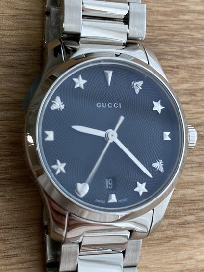 Gucci G Timeless Black Dial Silver Steel Strap Watch For Women - YA126573A