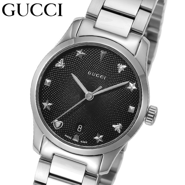 Gucci G Timeless Black Dial Silver Steel Strap Watch For Women - YA126573A